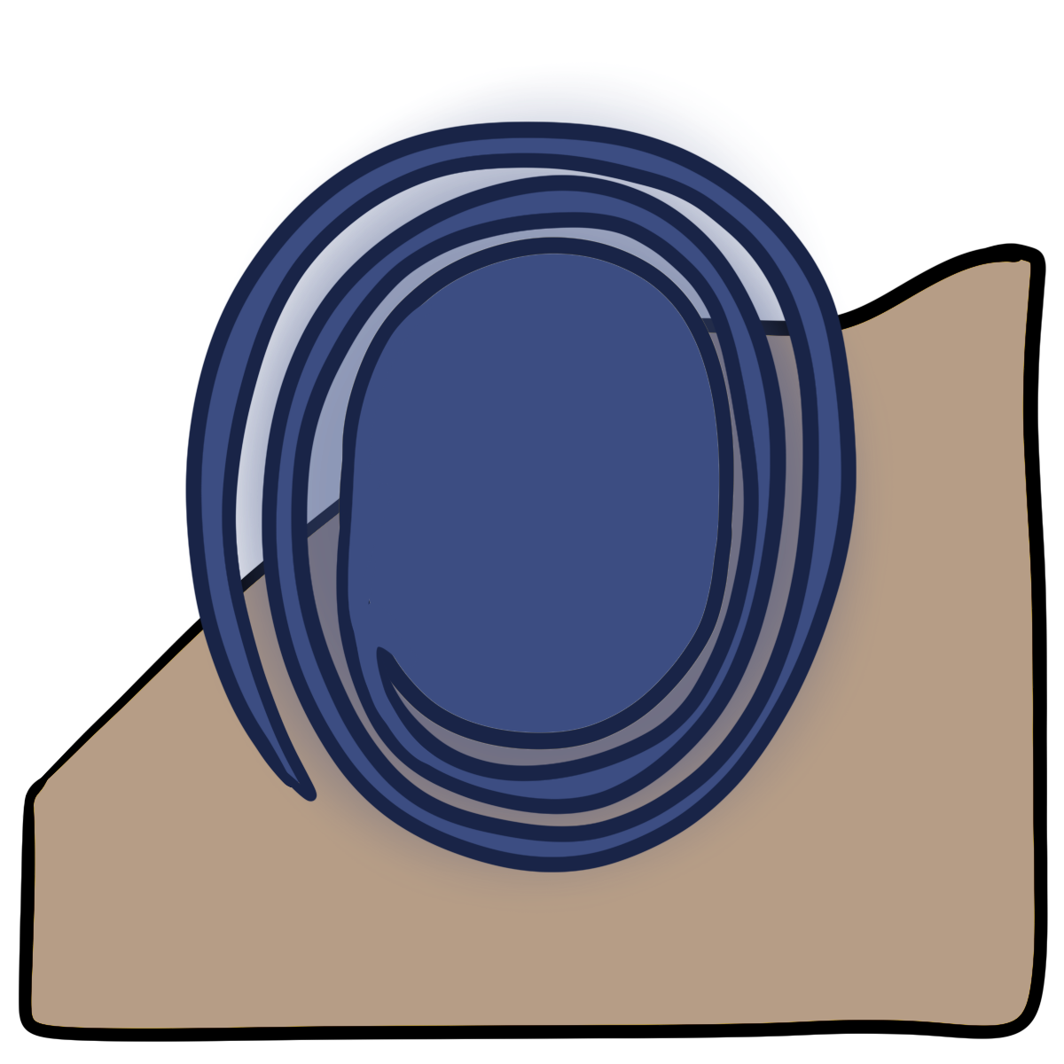 A glowing bluish purple oval that has a spiral coming out of it. Curved beige skin fills the bottom half of the background.